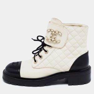 CHANEL CC QUILTED LEATHER CAP TOE CHAIN LINK LOGO COMBAT BOOTS