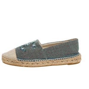 Chanel Green/Beige Canvas Sequin CC Espadrille Flats