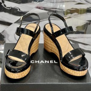 CHANEL CC Raffia Platform Wedge Heel Sandals