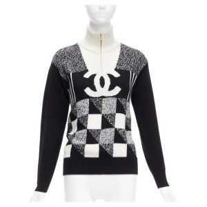 CHANEL CC COLORBLOCK QUARTER ZIP CASHMERE SWEATER