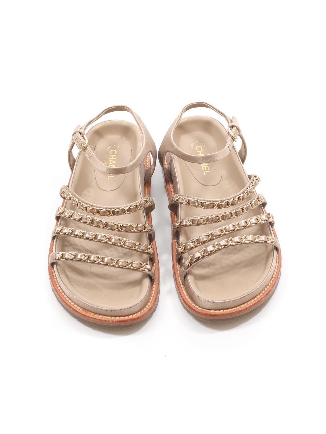 CHANEL CHAMPAGNE GOLD SATIN CHAIN SANDALS - Image 2