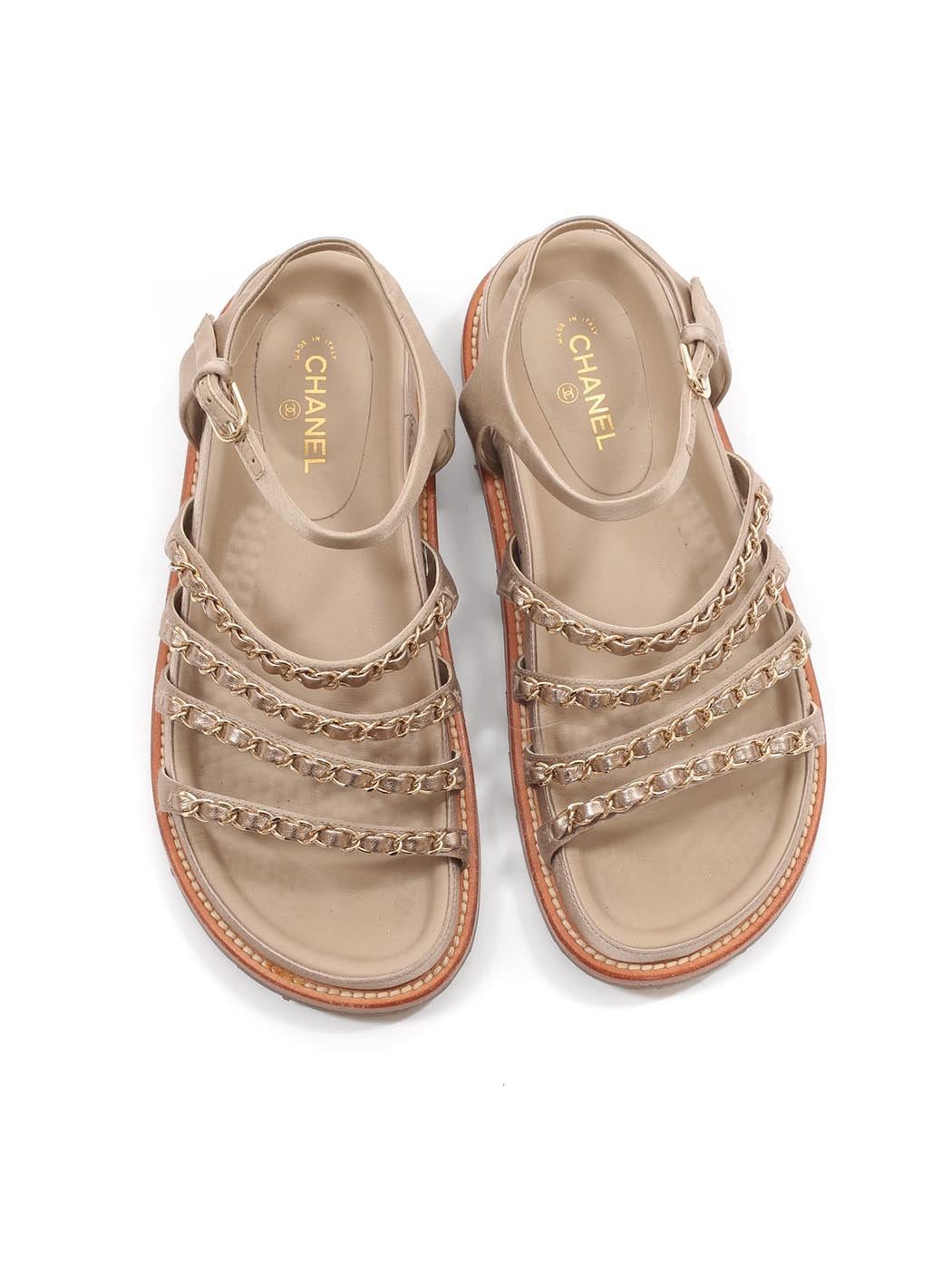 CHANEL CHAMPAGNE GOLD SATIN CHAIN SANDALS - Image 3