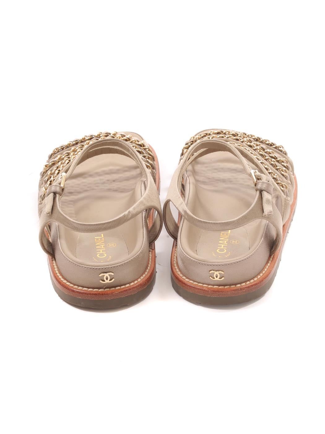 CHANEL CHAMPAGNE GOLD SATIN CHAIN SANDALS - Image 4