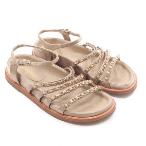 CHANEL CHAMPAGNE GOLD SATIN CHAIN SANDALS