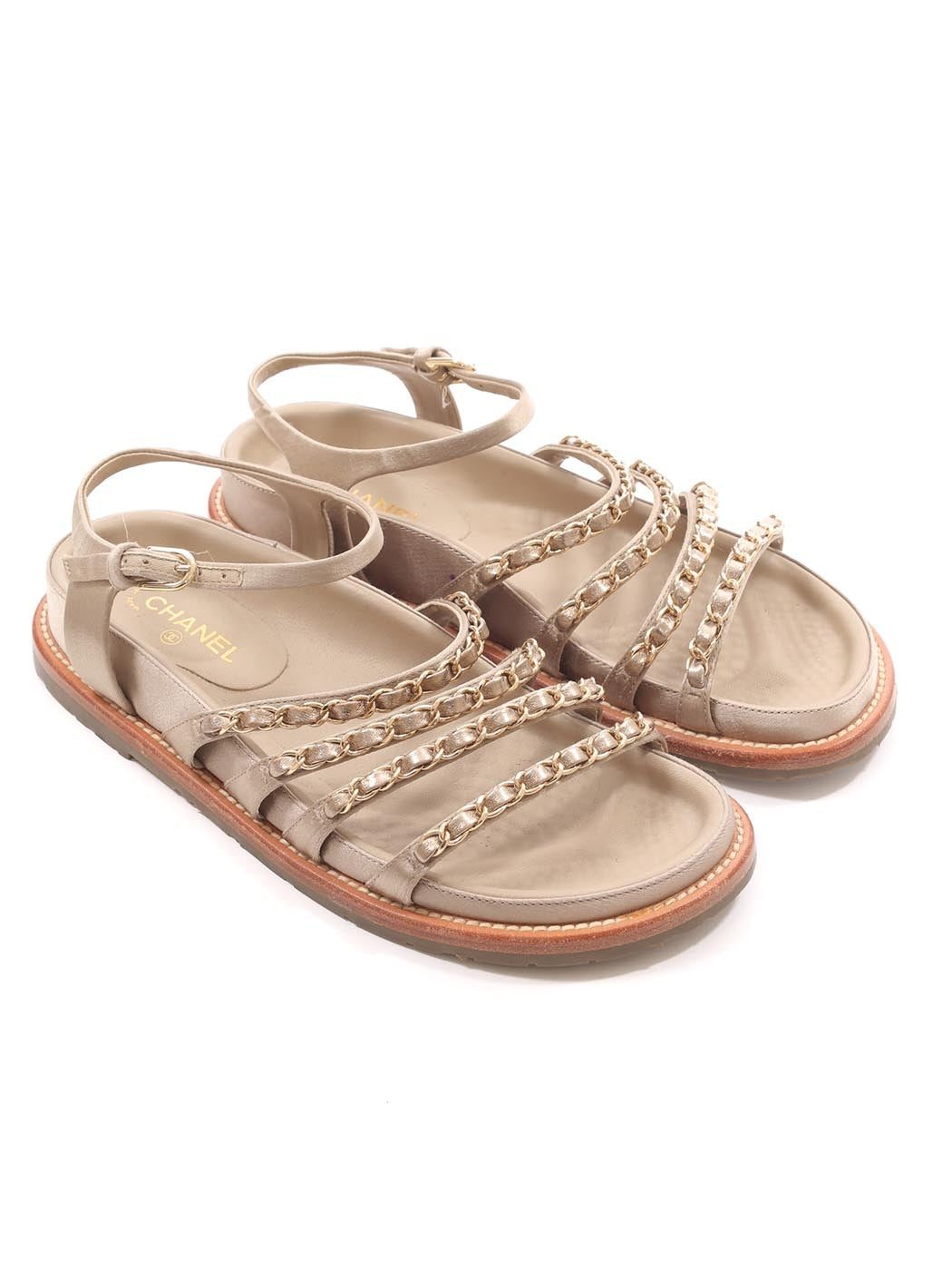 CHANEL CHAMPAGNE GOLD SATIN CHAIN SANDALS