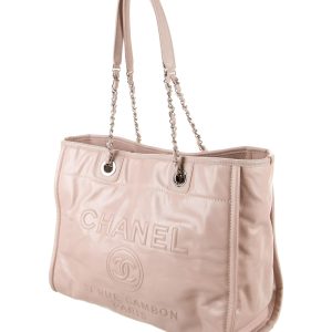 CHANEL GLAZED CALFSKIN LEATHER DEAUVILLE TOTE BAG IN PINK