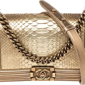 CHANEL METALLIC GOLD PYTHON LEATHER MEDIUM BOY FLAP BAG