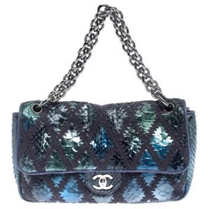 CHANEL PYTHON CROCHET JUMBO FLAP BAG-HS