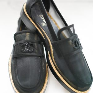 CHANEL MESH & SATIN BEADED CC SLIP-ON LOAFERS