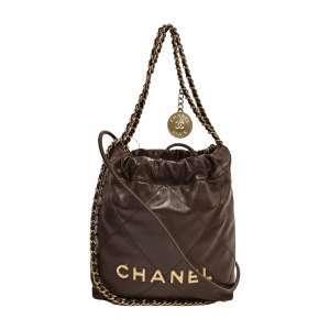 Chanel 22 Hobo Bag Mini Shiny Calfskin Leather Dark Chocolate Brown with Gold-tone Hardware
