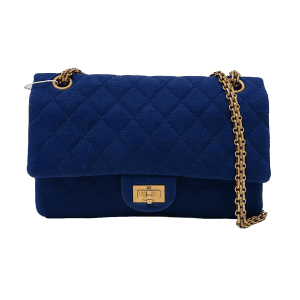 Chanel 2.55 Double Flap Medium Royal Blue Fabric Gold Chain Strap
