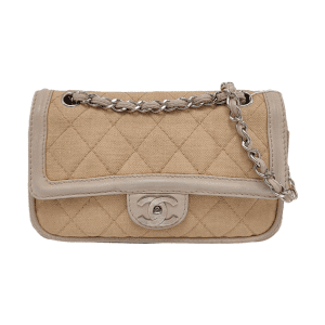 Chanel Classic Flap Medium Beige Canvas Leather Silver Hardware 2006-2008