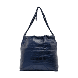 Chanel 22 Hobo Bag Medium Shiny Calfskin Leather Metallic Navy