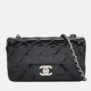 Chanel Classic Flap Rectangular Super Mini Black Patent Leather Silver Hardware