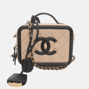 Chanel Filigree Mini Vanity Case Caviar Leather Beige with Black Trim, 2018-2019