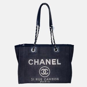 Chanel Deauville Tote 2016 Medium Navy Denim Top Handle Shoulder Bag