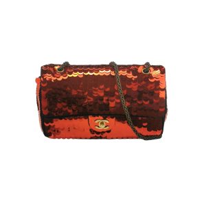 Chanel Paillette Flap Bag Medium Red Glitter Sequins Gold Chain Strap