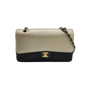 Chanel Classic Flap Gold and Black Calfskin Leather Gold-tone Hardware Shoulder Bag