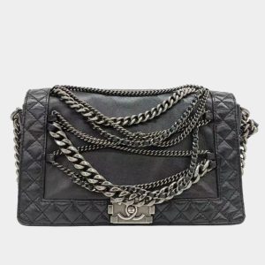 Chanel Enchained Boy Bag 2012 Black Leather Medium Flap Bag