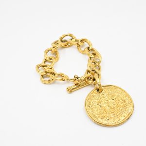 Chanel Gold Logo Round Medallion Chain Link Bracelet