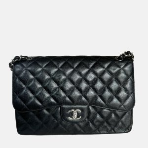 Chanel Classic Flap Jumbo Black Caviar Leather Double Flap with Silver Hardware, 2014