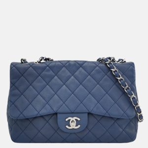 Chanel Classic Flap Large Navy Blue Caviar Leather Silver-tone Hardware