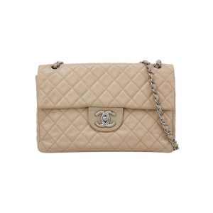 Chanel Classic Flap Maxi Beige Lambskin Leather Giant Siver-tone CC Logo
