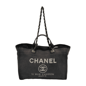 Chanel Deauville Tote Medium Navy Denim Top Handle Leather Chain Straps