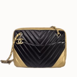 Chanel Chevron Black and Gold Shoulder Bag