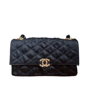 Chanel Classic Flap Mini Vintage Black Silk Satin Gem CC Buckle Crossbody Bag