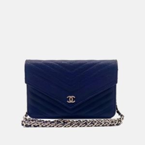 Chanel Chevron Wallet on Chain Navy Caviar Leather with Silver Hardware