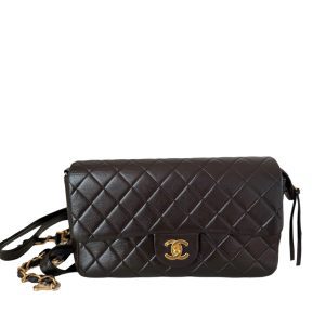 Chanel Chocolate Brown Lambskin Leather Shoulder Flap Blackpack Vintage Gold HW