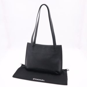 Chanel Logo Shoulder Bag in Black Caviar Leather