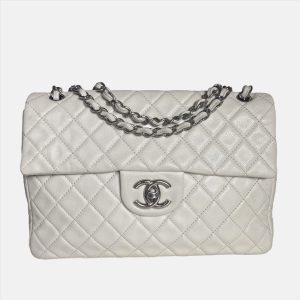 Chanel Classic Flap Maxi Milk White Caviar Leather Silver-tone Hardware Giant CC Logo