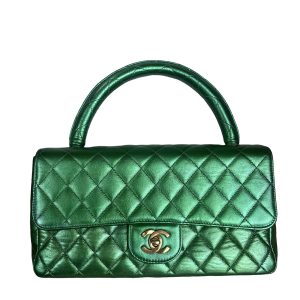 Chanel 1994 Classic Flap Kelly Top Handle Bag Medium Metallic Green Lambskin Leather
