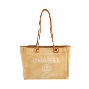 Chanel Deauville Tote Orange Denim Leather Trim Small