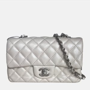Chanel Classic Flap Rectangular Mini Pearlescent Off White Caviar Leather Crossbody Bag