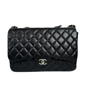 Chanel Classic Flap Jumbo Black Lambskin Leather Single Flap with Silver Hardware