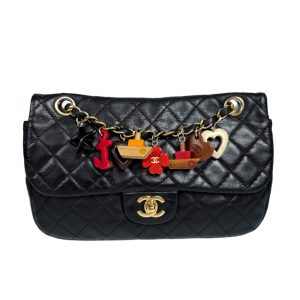 Chanel Classic Flap Medium Black Lambskin Leather Valentine Marine Charms