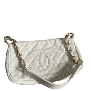 Chanel Clutch Shoulder Bag White Caviar Leather Gold Hardware