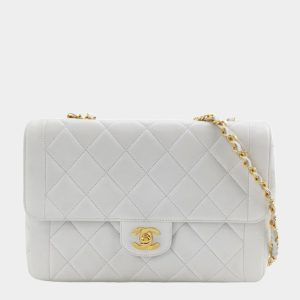 Chanel Classic Flap 1996 White Leather 24k Gold Plated Giant CC Logo