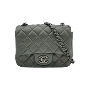 Chanel Classic Flap Square 2014 Metallic Grey Lambskin Leather Bag