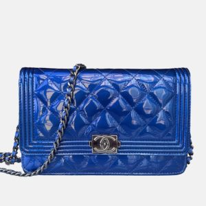 Chanel Boy WOC Wallet on Chain Half Flap Blue Patent Leather