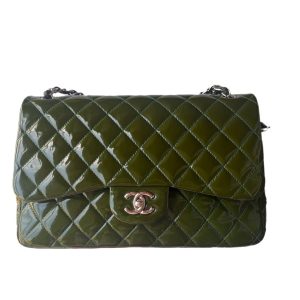 Chanel Classic Flap Jumbo Green Patent Leather Silver Hardware