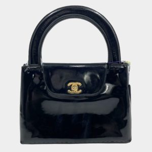 Chanel Kelly Vintage Top Handle Black Patent Leather with Gold Hardware Medium Size