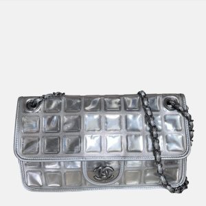 Chanel Ice Cube Chocolate Bar Classic Flap Metallic Silver PVC with Leather