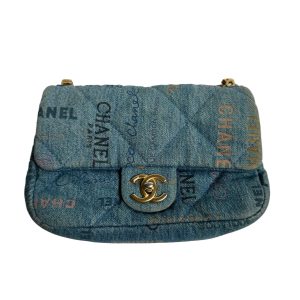 Chanel Classic Flap Mini Rectangular Blue Denim Jeans Gold Hardware Microchip