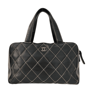Chanel Boston Wild Stitch Black Top Handle Zip Opening Bag