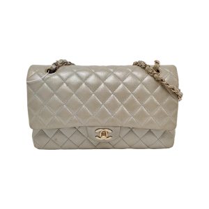 Chanel Classic Flap Medium Iridescent Silver Aged Calfskin Leather Gold Hardware