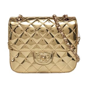 Chanel Classic Flap Mini Square Star Purse Gold Patent Calfskin Leather Mirror Glaze